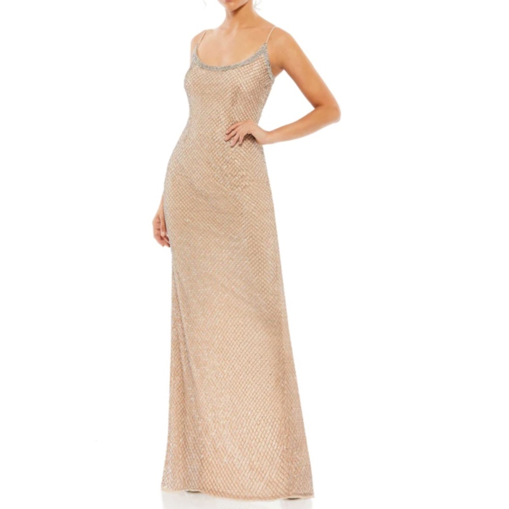 Mac Duggal Nude Beaded Slip Dress with Silver Trim - Picture 3 of 4
